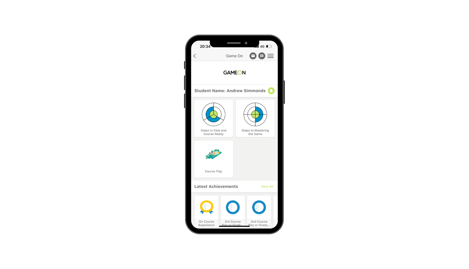 MyGame+ app interface for Game On Adult Golf Lessons. Utilize MyGame+ to track your golf progress, set goals, and achieve results.